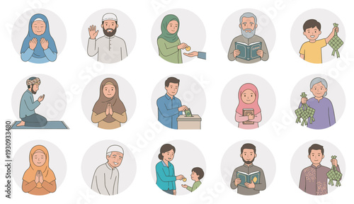 Diverse Muslim community members performing traditional Islamic practices and celebrating important holidays together.