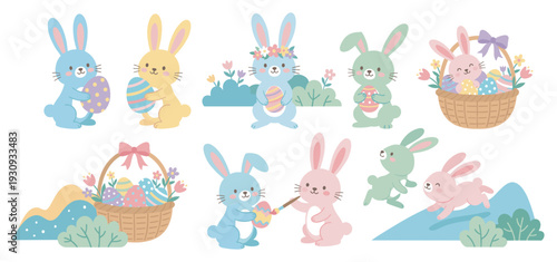 Adorable pastel colored Easter bunnies holding decorated eggs and flowers, celebrating the arrival of spring in a charming vector illustration set.