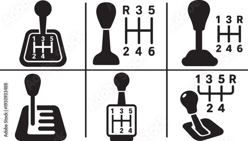 Manual gear shift lever icon set in vector EPS for car, automotive, and UI design projects.