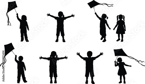 Children Silhouettes Flying Kites Outdoor Fun Activity
