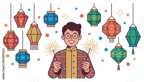 Smiling man celebrating festive holiday with sparklers and colorful traditional lanterns creating a joyful atmosphere.