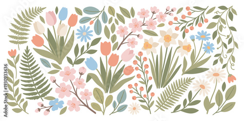 Beautiful spring flowers and leaves create a charming botanical illustration pattern with various blooming plants and foliage elements in a soft pastel color palette.