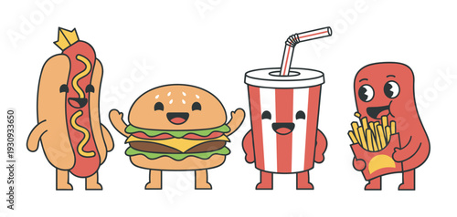 Adorable animated fast food mascots with happy faces are depicted in a charming and simple vector illustration style.