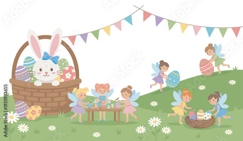 Easter bunny and fairy girls celebrate spring by decorating colorful eggs and playing happily outdoors under a festive banner.