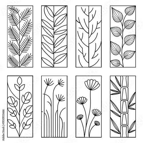 A collection of intricate botanical line drawings showcasing various plant leaves and stems isolated on white background, Vector