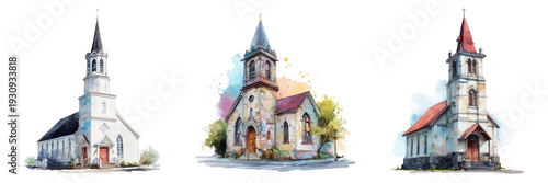Set of Peaceful church building in watercolor vector style on transparent png background. Ai generated