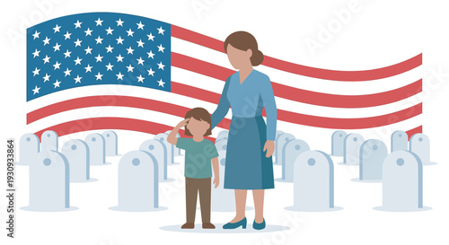 Woman and child honor fallen soldiers at a military cemetery, showing respect with the American flag proudly displayed.