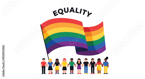 Vector illustration of diverse people holding LGBTQ pride flag