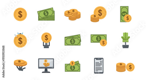 Set of colorful flat style money and finance icons including coins banknotes and payment symbols.