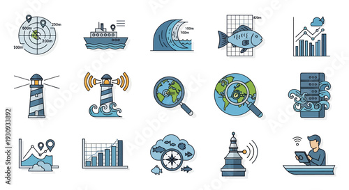 Collection of Nautical and Data-Related Line Art Icons in Blue and Gray.