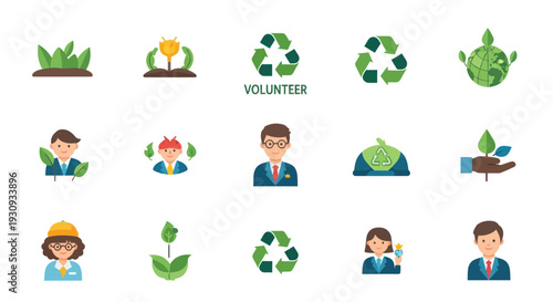 Collection of Environmental and Volunteerism Icons in Flat Design Style.