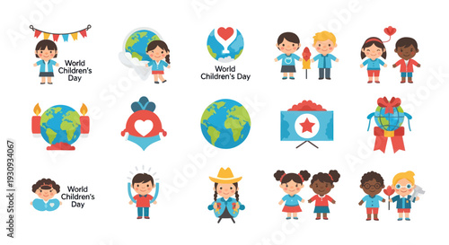 World Childrens Day Vector Illustration Set with Globe Kids and Heart Elements.