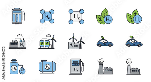 Hydrogen Energy Green Technology and Sustainable Future Line Icons Set.