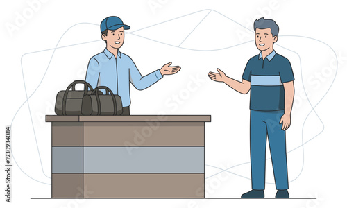 Service professional assisting a client with bags at a reception desk, providing helpful and friendly support with a smile.