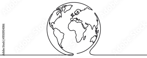 Earth globe world map drawing continuous line minimalist design symbolizing global unity and the interconnectedness of all nations.