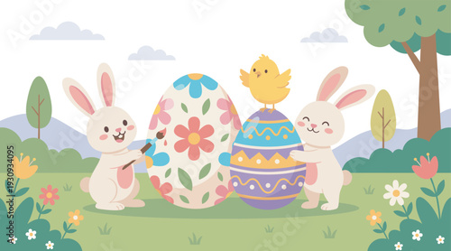 Two cute bunnies and a chick decorate colorful Easter eggs in a vibrant spring garden, celebrating the holiday season with joy.