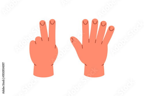 Hands showing number 7 using five fingers plus two. Flat cartoon vector for kids number learning and early education visuals