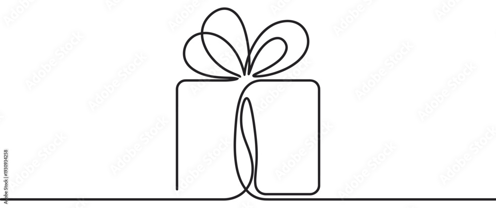 Obraz premium Gift box with a decorative bow is beautifully drawn in a continuous single line art style, symbolizing celebration and thoughtful giving.