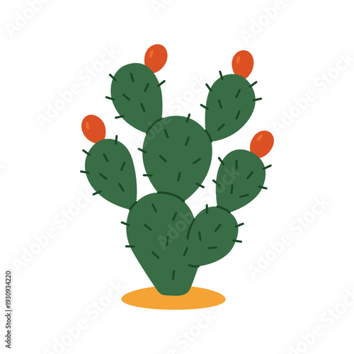 Nopal cactus with red fruits. Flat vector prickly pear illustration for Mexican nature, agriculture, or food designs