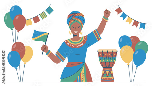 African woman enthusiastically celebrates her vibrant culture with festive decorations, a flag, and a traditional drum.