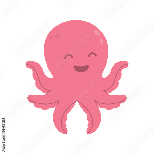 Joyful pink cartoon octopus with arms raised. Cute sea creature smiling widely in celebration, flat vector illustration for kids themes.