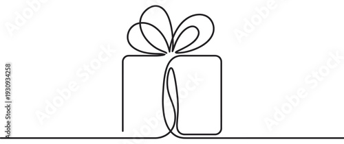 Gift box with a decorative bow is beautifully drawn in a continuous single line art style, symbolizing celebration and thoughtful giving.