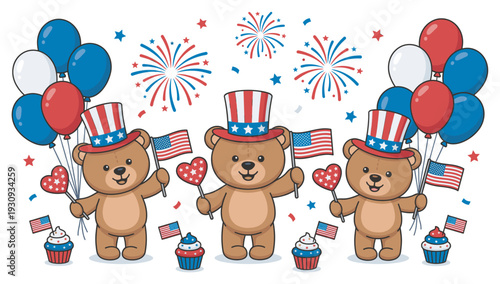 Three cute cartoon teddy bears wearing patriotic hats celebrate a national holiday with flags, balloons, fireworks, and festive cupcakes.