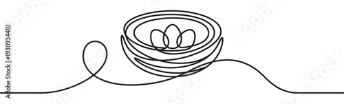 Continuous line drawing of a bird's nest with three eggs symbolizing new life and growth in a minimalist style.