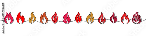 Minimalist flame border in continuous line style. Seamless outline fire divider vector for posters, frames, decor, and modern designs.