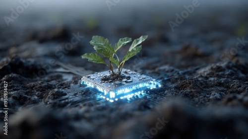 Conceptual image of a plant growing from a glowing computer chip