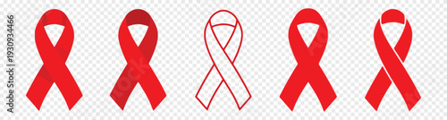 Red ribbon awareness symbols in different styles for charity and support