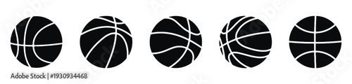 Set of basketball icons illustrating sports equipment and game balls in various styles