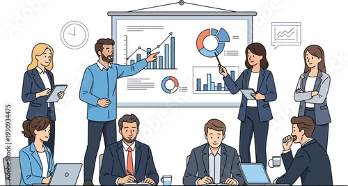 Business professionals conduct an important corporate meeting, reviewing.