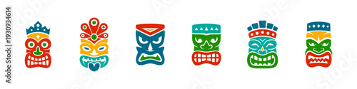 Set of six colorful tiki masks. Polynesian tribal vector illustration for festival posters, tattoos and cultural decor