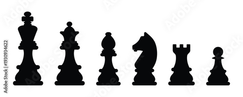 Set of black chess pieces silhouettes on white background isolated