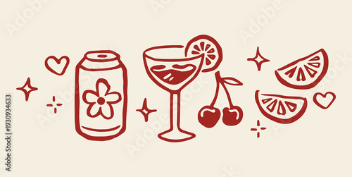 Cocktail and soda can with citrus doodle vector illustration