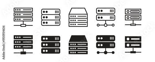 Server and network storage icon set in outline and solid styles for data center visualization