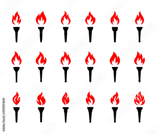 Set of burning torch icons with red flames. Collection of black silhouette fire torches for design, sports, ceremony, freedom and victory concepts