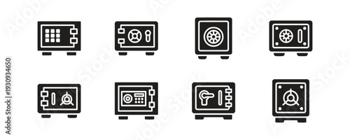 Set of black flat bank safe icons isolated on white background