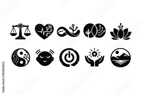 Set of 10 diverse icons representing balance health infinity nature mindfulness and technology