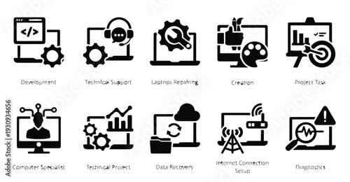 Set of 10 modern flat icons for web and mobile applications representing business and technology services