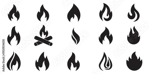 Set of 15 flame icons in silhouette and outline styles for various uses