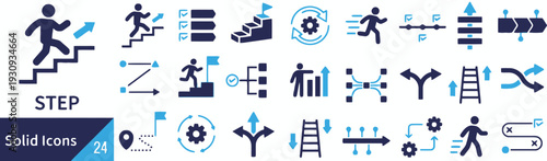 Set of 24 step solid icons process arrows path progression growth success journey up business goal