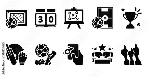 Set of black icons representing sports and recreation activities and equipment