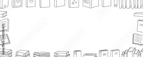 Books on a banner. Minimal line art illustration of various book covers and shapes