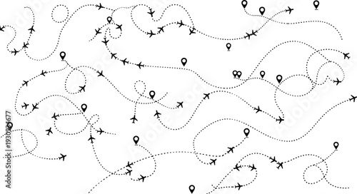 Airplane flight paths with dotted route lines and location pins, aviation travel map background, global air traffic concept vector illustration isolated on white