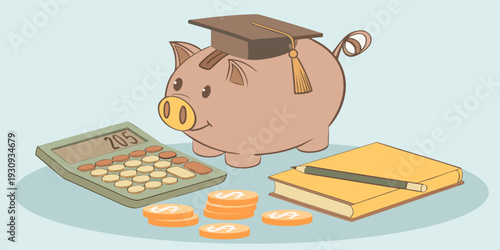 Education savings vector featuring piggy bank with books and calculator representing student budgeting, tuition preparation, academic finance planning, and money management.