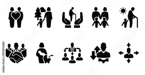 Set of black icons symbolizing family, relationships, and social connections