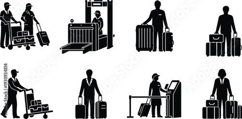 Airport passenger and staff silhouettes set with luggage trolley security check and self service kiosk, travel transportation concept vector illustration isolated