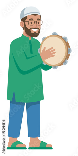 Smiling Muslim man playing a tambourine with joy, celebrating cultural music and tradition during a festive occasion.